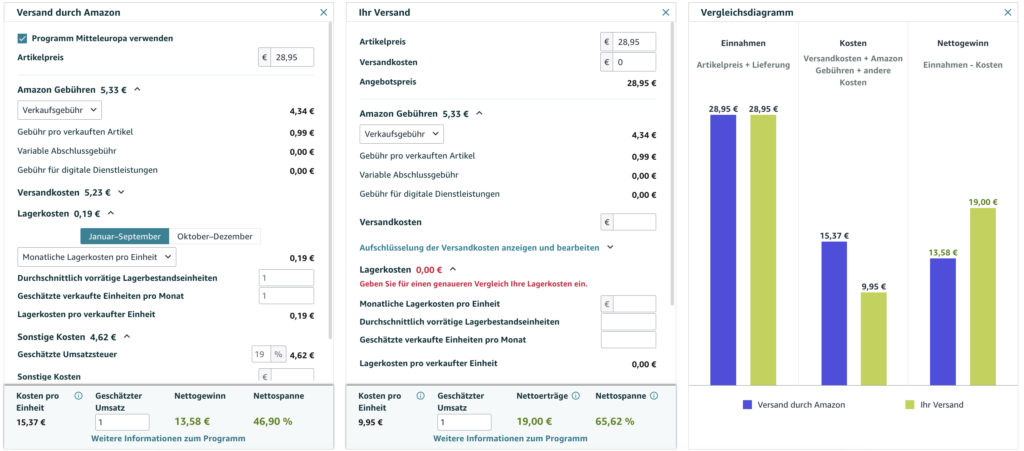 Screenshot des Amazon Gebührenrechners